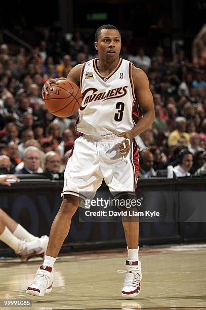 Sebastian Telfair of the Cleveland Cavaliers dribbles the ball against the Indiana Pacers during the game at Quicken Loans Arena on April 9, 2010 in...