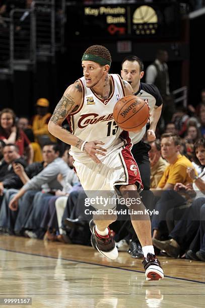 Delonte West of the Cleveland Cavaliers drives the ball downcourt against the Indiana Pacers during the game at Quicken Loans Arena on April 9, 2010...
