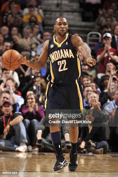 Price of the Indiana Pacers looks to move the ball against the Cleveland Cavaliers during the game at Quicken Loans Arena on April 9, 2010 in...