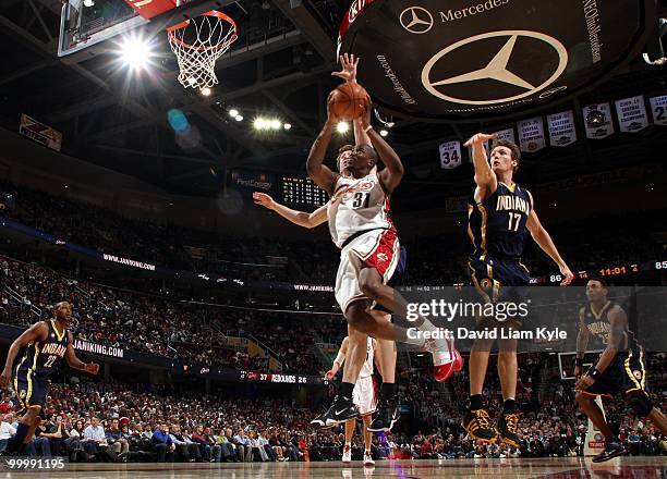 Jawad Williams of the Cleveland Cavaliers makes a layup against the Indiana Pacers during the game at Quicken Loans Arena on April 9, 2010 in...