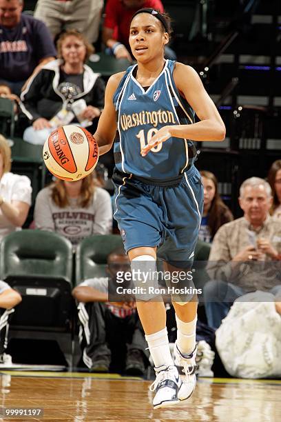 Lindsey Harding of the Washington Mystics dribbles the ball downcourt against the Indiana Fever during the WNBA game on May 15, 2010 at Conseco...