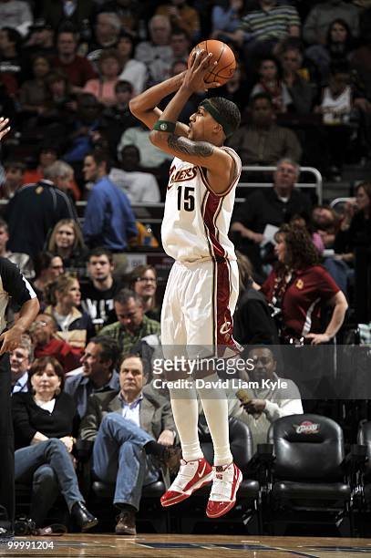 Jamario Moon of the Cleveland Cavaliers makes a layup against the Indiana Pacers during the game at Quicken Loans Arena on April 9, 2010 in...