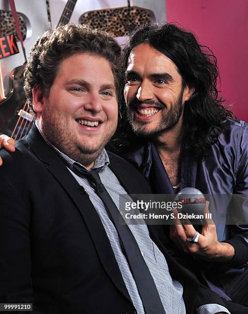 Actor Jonah Hill and actor Russell Brand attend the "Get Him to the Greek" press junket at the Diesel 5th Avenue store on May 19, 2010 in New York...