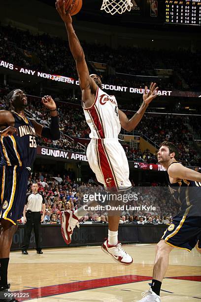 Leon Powe of the Cleveland Cavaliers puts a shot up against the Indiana Pacers during the game at Quicken Loans Arena on April 9, 2010 in Cleveland,...
