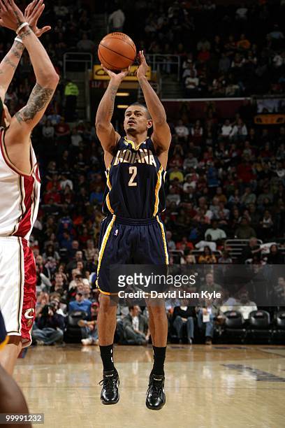 Earl Watson of the Indiana Pacers takes a shot against the Cleveland Cavaliers during the game at Quicken Loans Arena on April 9, 2010 in Cleveland,...