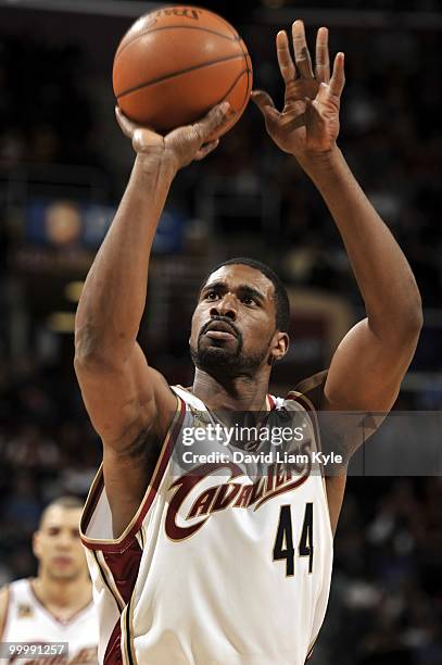 Leon Powe of the Cleveland Cavaliers makes a free throw against the Indiana Pacers during the game at Quicken Loans Arena on April 9, 2010 in...