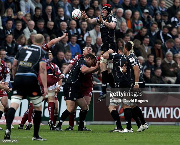 James Hanks of Exeter catches the ball in the lineout during the Championship playoff final match, 1st leg between Exeter Chiefs and Bristol at Sandy...