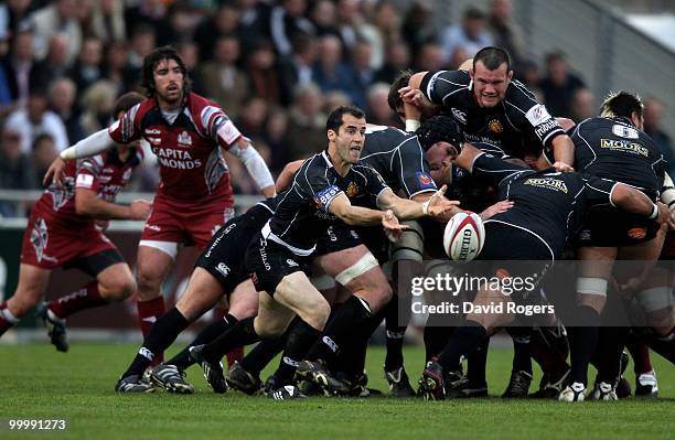 Haydn Thomas, the Exeter scrumhalf passes the ball during the Championship playoff final match, 1st leg between Exeter Chiefs and Bristol at Sandy...