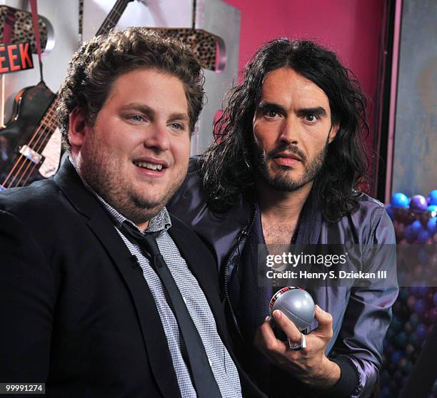 Actor Jonah Hill and actor Russell Brand attend the "Get Him to the Greek" press junket at the Diesel 5th Avenue store on May 19, 2010 in New York...