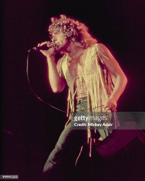 Singer Roger Daltrey of the rock and roll band "The Who" performs in concert at The Gator Bowl in 1976 in Jacksonville, Florida.