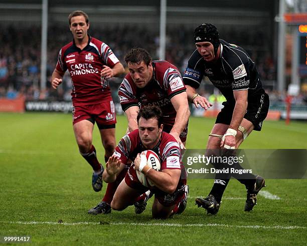 Luke Arscott, the Bristol fullback, dives over but his try was disallowed during the Championship playoff final match, 1st leg between Exeter Chiefs...