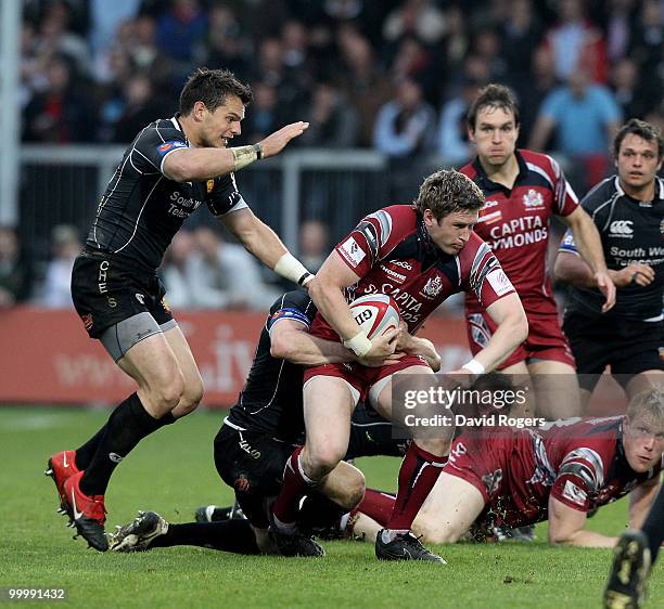 Luke Eves of Bristol is tackled during the Championship playoff final match, 1st leg between Exeter Chiefs and Bristol at Sandy Park on May 19, 2010...