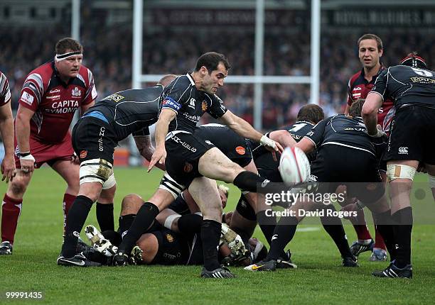 Haydn Thomas of Exeter kicks the ball upfield during the Championship playoff final match, 1st leg between Exeter Chiefs and Bristol at Sandy Park on...