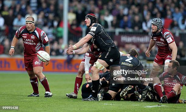 James Hanks of Exeter passes the ball during the Championship playoff final match, 1st leg between Exeter Chiefs and Bristol at Sandy Park on May 19,...