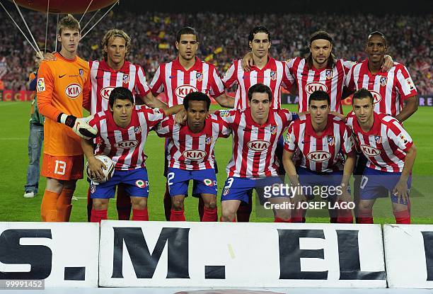 Atletico Madrid players pose before the King's Cup final match Sevilla against Atletico Madrid at the Camp Nou stadium in Barcelona on May 19, 2010....