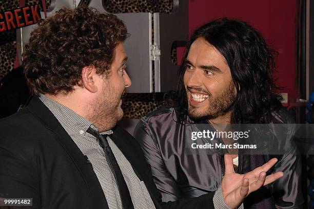 Actor Jonah Hill and Actor Russell Brand attend the "Get Him to the Greek" press junket at the Diesel 5th Avenue store on May 19, 2010 in New York...