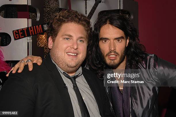 Actor Jonah Hill and Actor Russell Brand attend the "Get Him to the Greek" press junket at the Diesel 5th Avenue store on May 19, 2010 in New York...