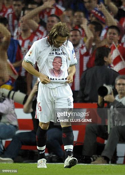 Sevilla's midfielder Diego Capel celebrates after scoring during the King's Cup final match Sevilla against Atletico Madrid at the Camp Nou stadium...