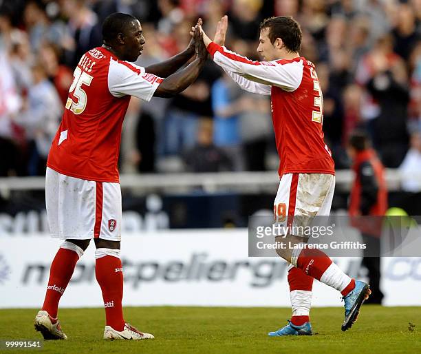 Adam Le Fondre of Rotheram celebrates the first goal with Pablo Mills during the Coca-Cola League Two Playoff Semi Final 2nd Leg match between...