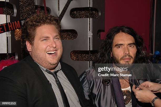 Actor Jonah Hill and Actor Russell Brand attend the "Get Him to the Greek" press junket at the Diesel 5th Avenue store on May 19, 2010 in New York...