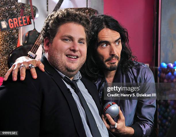 Actor Jonah Hill and actor Russell Brand attend the "Get Him to the Greek" press junket at the Diesel 5th Avenue store on May 19, 2010 in New York...