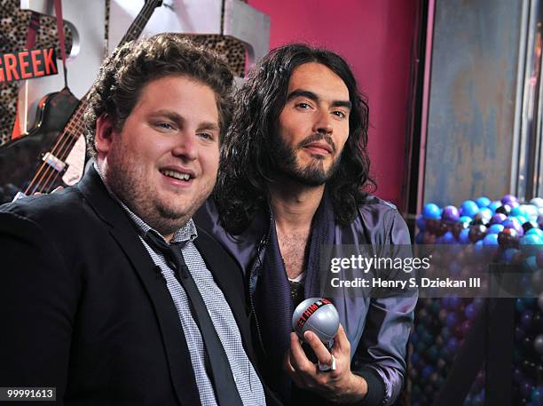 Actor Jonah Hill and actor Russell Brand attend the "Get Him to the Greek" press junket at the Diesel 5th Avenue store on May 19, 2010 in New York...