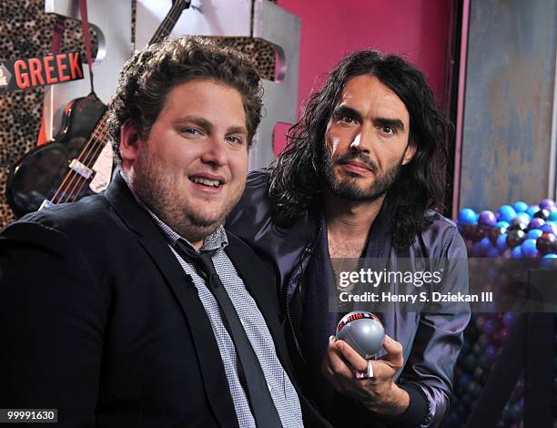 Actor Jonah Hill and actor Russell Brand attend the "Get Him to the Greek" press junket at the Diesel 5th Avenue store on May 19, 2010 in New York...