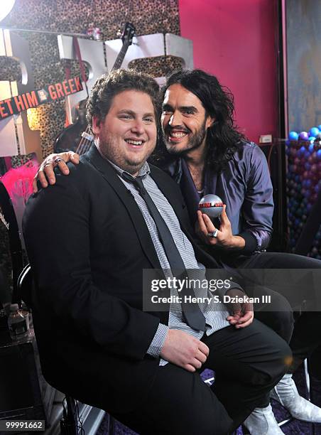 Actor Jonah Hill and actor Russell Brand attend the "Get Him to the Greek" press junket at the Diesel 5th Avenue store on May 19, 2010 in New York...