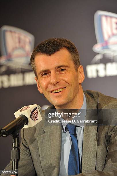 Mikhail Prokhorov, owner of the New Jersey Nets, speaks with the media during a press conference at the Four Seasons Hotel on May 19, 2010 in New...