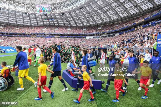Hugo Lloris, Raphael Varane, Benjamin Pavard, Ngolo Kante, Lucas Hernandez and Blaise Matuidi of France enter on the pitch during the World Cup Final...