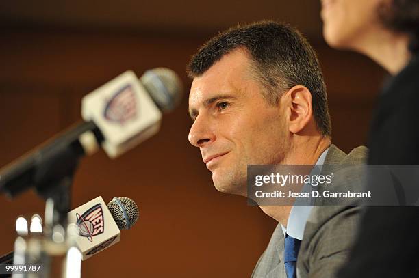 Mikhail Prokhorov, owner of the New Jersey Nets, speaks with the media during a press conference at the Four Seasons Hotel on May 19, 2010 in New...