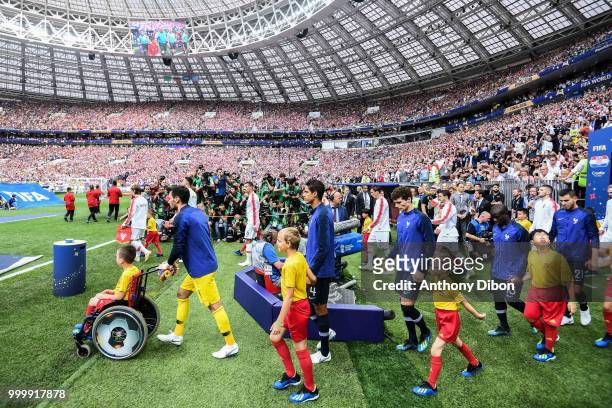 Hugo Lloris, Raphael Varane, Benjamin Pavard, Ngolo Kante, Lucas Hernandez of France enter on the pitch during the World Cup Final match between...