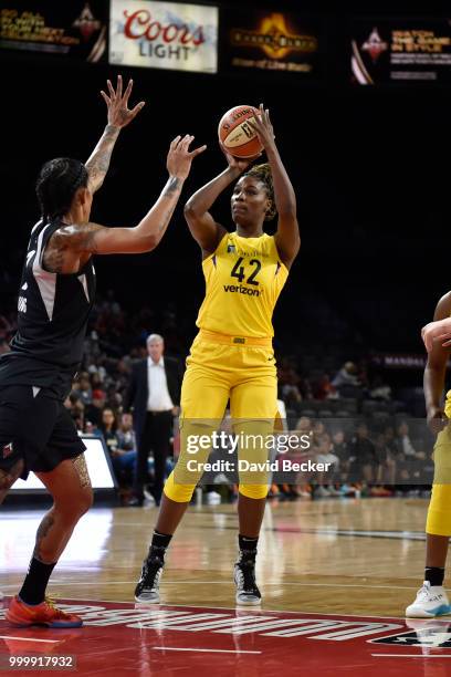 Jantel Lavender of the Los Angeles Sparks shoots the ball against the Las Vegas Aces on July 15, 2018 at the Mandalay Bay Events Center in Las Vegas,...