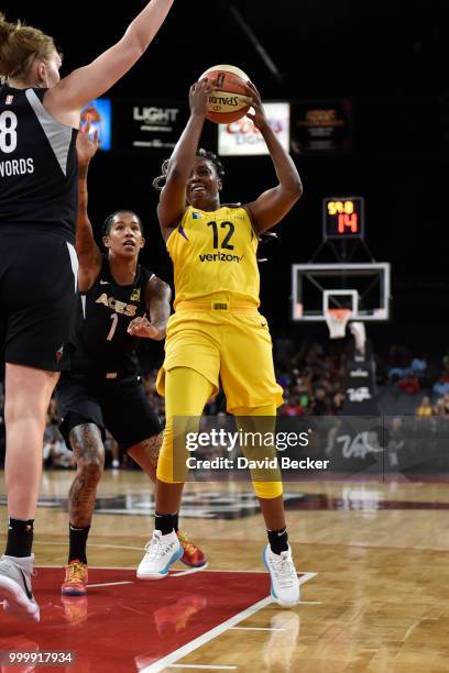 Chelsea Gray of the Los Angeles Sparks handles the ball against the Las Vegas Aces on July 15, 2018 at the Mandalay Bay Events Center in Las Vegas,...