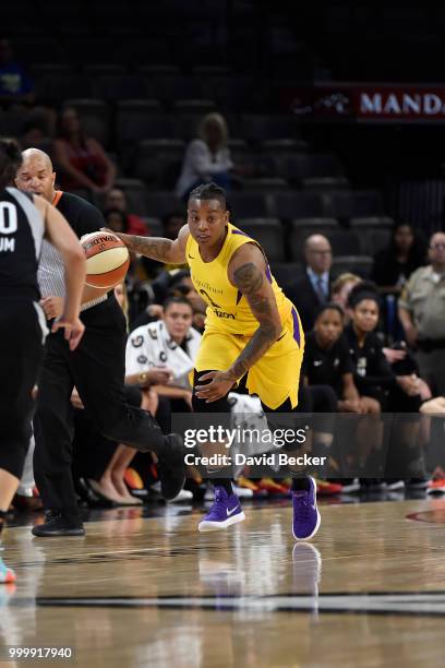 Riquna Williams of the Los Angeles Sparks handles the ball against the Las Vegas Aces on July 15, 2018 at the Mandalay Bay Events Center in Las...