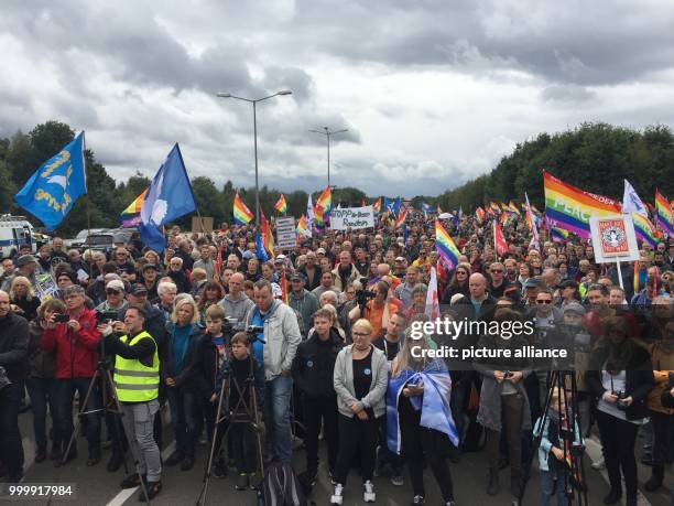 Many people participate in a demonstration against the role of the US military airfield Ramstein in the usage of war drones in Ramstein-Miesenbach,...