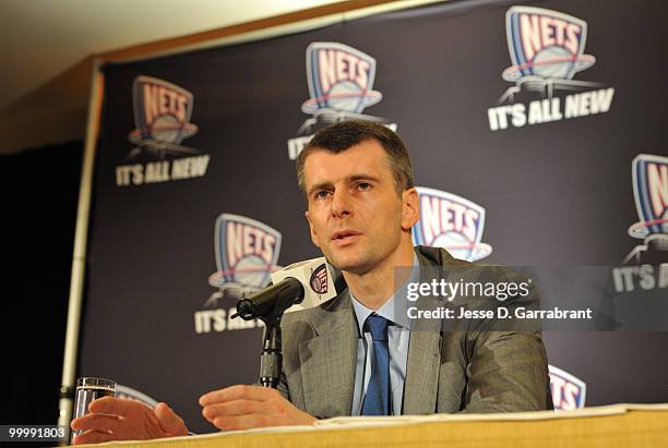 Mikhail Prokhorov, owner of the New Jersey Nets, speaks with the media during a press conference at the Four Seasons Hotel on May 19, 2010 in New...