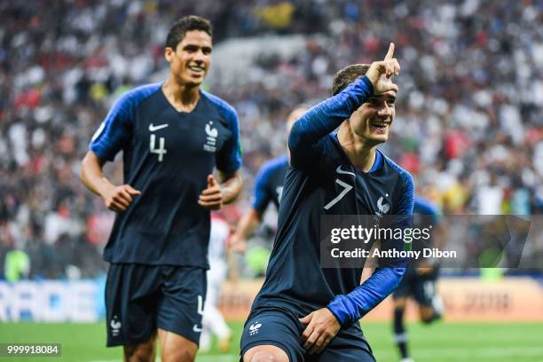 Raphael Varane and Antoine Griezmann celebrate a goal during the World Cup Final match between France and Croatia at Luzhniki Stadium on July 15,...