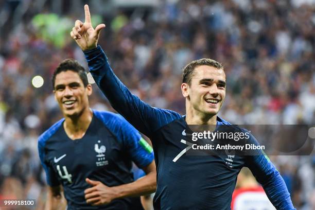 Raphael Varane and Antoine Griezmann celebrate a goal during the World Cup Final match between France and Croatia at Luzhniki Stadium on July 15,...