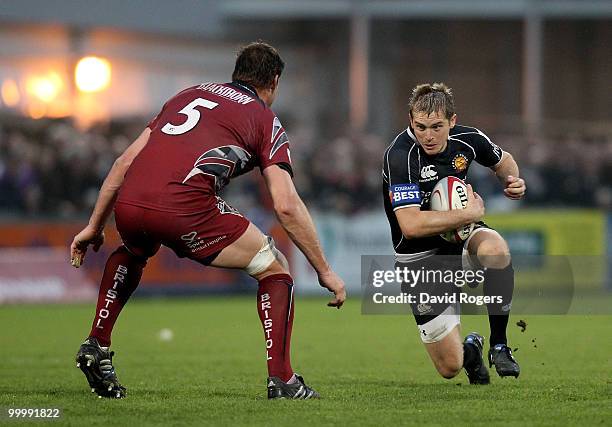 Gareth Steenson of Exeter takes on Roy Winters during the Championship playoff final match, 1st leg between Exeter Chiefs and Bristol at Sandy Park...