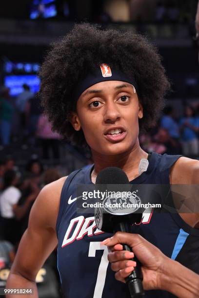 Brittney Sykes of the Atlanta Dream speaks with media after the game against the Washington Mystics on July 15, 2018 at Hank McCamish Pavilion in...