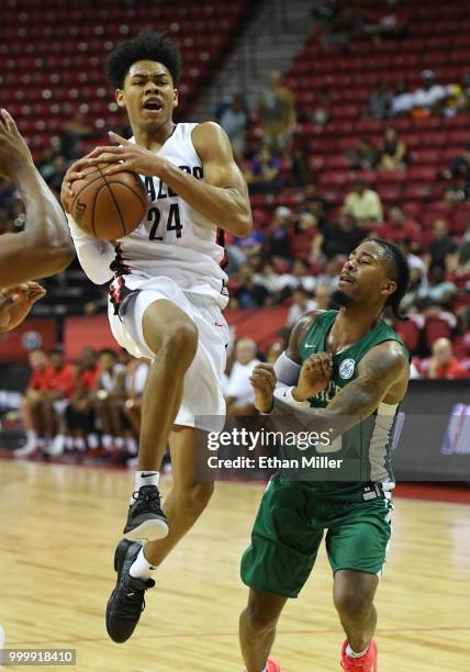 Anfernee Simons of the Portland Trail Blazers drives to the basket against Trey Davis of the Boston Celtics during a quarterfinal game of the 2018...