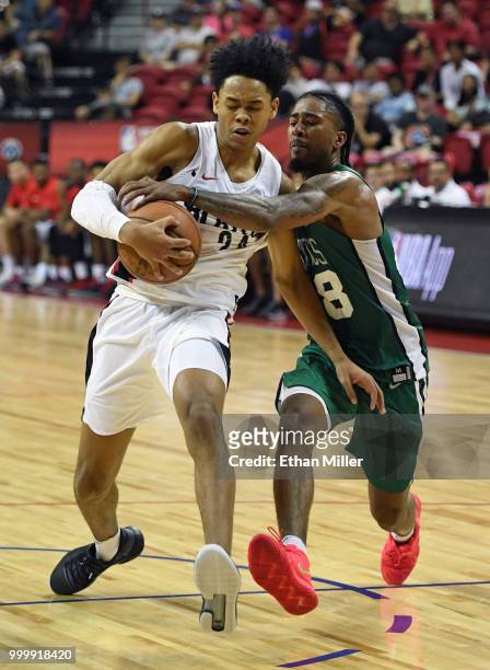 Anfernee Simons of the Portland Trail Blazers drives to the basket against Trey Davis of the Boston Celtics during a quarterfinal game of the 2018...