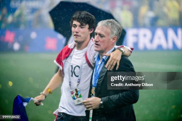 Didier Deschamps coach of France with his son during the World Cup Final match between France and Croatia at Luzhniki Stadium on July 15, 2018 in...