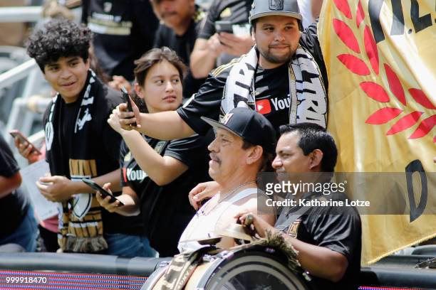 Actor Danny Trejo is photographed with Los Angeles Football Club fans at Banc of California Stadium on July 15, 2018 in Los Angeles, California.