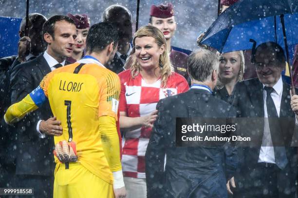 French President Emmanuel Macron and Croatia's President Kolinda Grabar Kitarovic with Didier Deschamps coach of France and Hugo Lloris during the...
