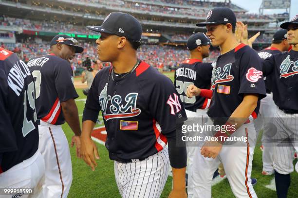 Justus Sheffield of Team USA celebrates with teammates after Team USA defeated the World Team in the SiriusXM All-Star Futures Game at Nationals Park...