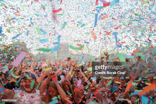 The crowd enjoy a confetti shower at Citadel festival at Gunnersbury Park on July 15, 2018 in London, England.