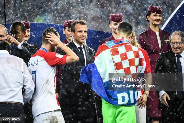 French President Emmanuel Macron and Croatia's President Kolinda Grabar Kitarovic with Danijel Subasic of Croatia during the World Cup Final match...