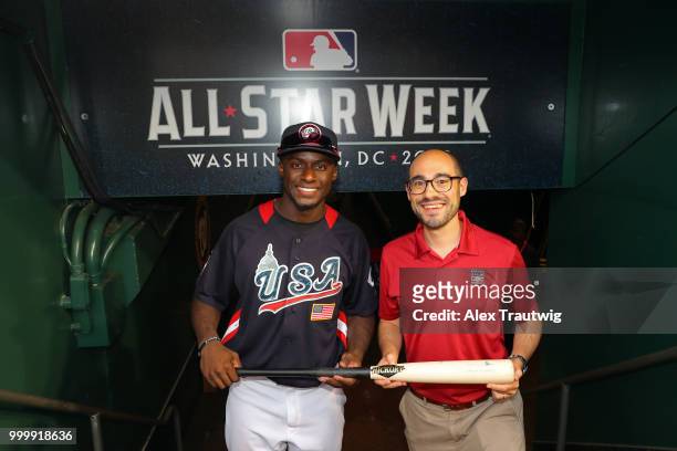 Futures Game MVP Taylor Trammell of Team USA presents his bat to the National Baseball Hall of Fame and Museum after the SiriusXM All-Star Futures...